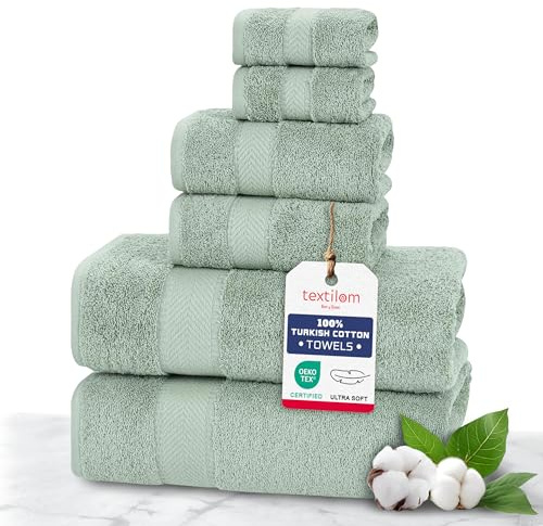 TEXTILOM Juego de 6 Toallas de baño de Lujo, 100% algodón Turco, Suaves y absorbentes (2 Toallas de baño, 2 Toallas de Mano, 2 Toallas faciales), Color Verde