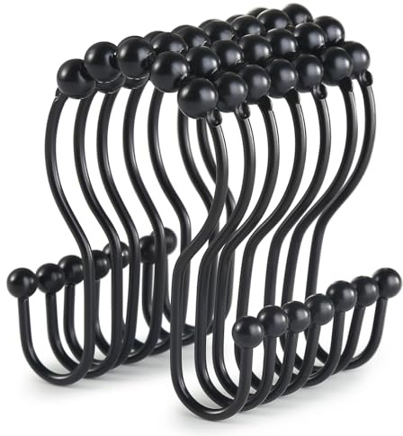 Goowin Shower Curtain Hooks, 12 Pcs Shower Curtain Rings, Stainless Steel Black Shower Curtain Hooks, Shower Curtain Rings Rust Proof, Smooth Sliding Anti-Drop Double Shower Rings for Curtain (Black)