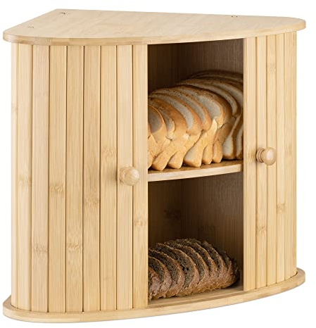 Navaris Wooden Bread Bin- Countertop Kitchen Corner Bread Bun Farmhouse Loaf Bagel Wood Container with Sliding Doors - Corner Wood Breadbox