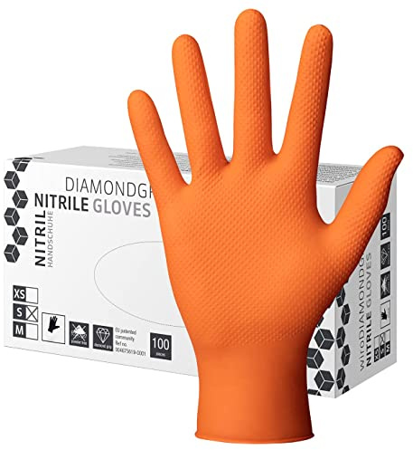 Herrmann Nitril Handschuh DiamantGrip Orange | Gr. XL - 100 Stück | Perfekter GRIP Einweg Montage Schutzhandschuhe puderfrei latexfrei | Diamanttextur Nitril-Handschuhe