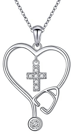 Flyow Krankenschwester Halskette für Damen, 925 Sterling Silber Kreuz Stethoskop Schmuck Geschenke für Doktor, Graduierung, Medizinstudent