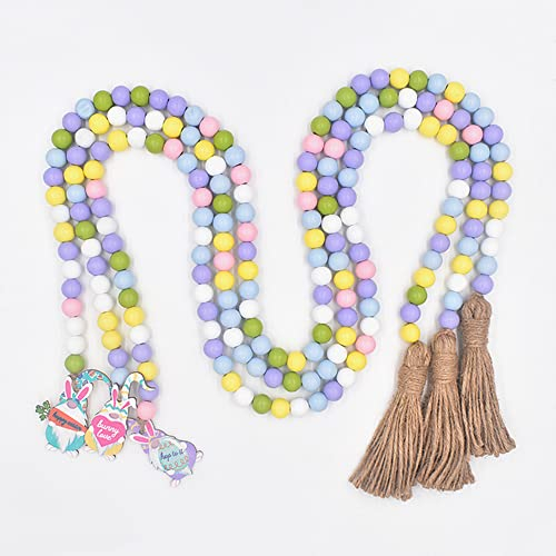 3 Stück 1.2m Bunte Holzperlen Girlande mit Quasten Hase Osterdeko Wandbehang Perlengirlanden Haus Dekoration Wall Decoration Raumdekoration Wanddekoration,16mm Gelb+Blau+Lila