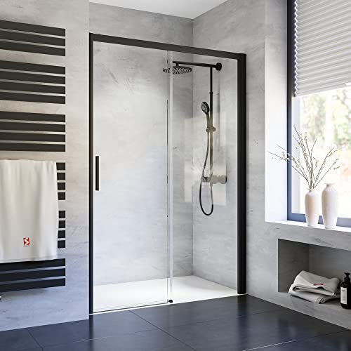 Schulte porte de douche coulissante en niche 100 x 200 cm, softclose inclus, profilé noir, ouverture réversible, verre 8 mm transparent traitement anticalcaire