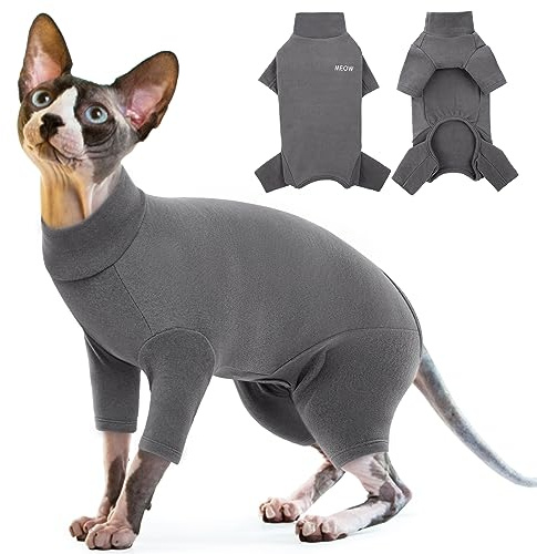 Sphynx Katzen Rollkragenpullover, Einteiler Katzenbekleidung Katzenbody Kätzchen Katzen Pullover Mantel Shirts 4-beinige für Sphynx/Cornish Rex/Devon Rex/Peterbald(Grau, M)