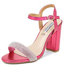 QUEEN HELENA Sandalias elegantes con tacón medio con pedrería para mujer ZM9331, fucsia, 35 EU