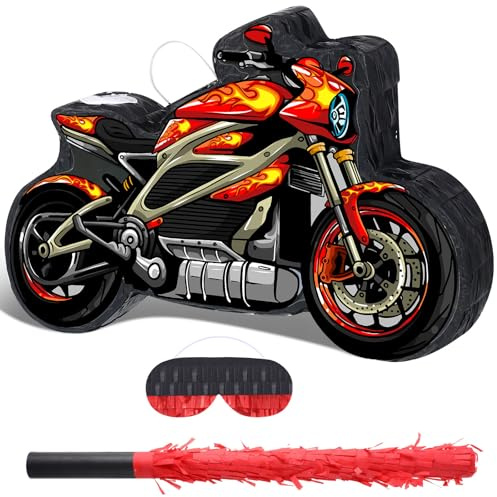 Shappy Motorcycle Piñata 3D Dirt Bike Piñata with Blindfold Stick Small Red Motorcycle Birthday Decorations Race Car Dirtbike Party Decor for Racing Motocross Theme Birthday Favors Supplies
