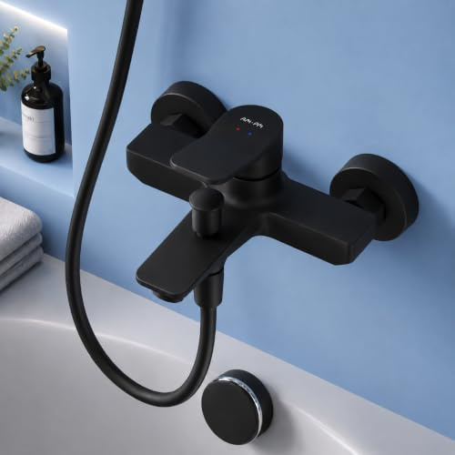 Badewannenarmatur mit Auslauf, Mischbatterie Badewanne, Brausebatterie Wanne, Einhand-Wannenbatterie für Badewanne und Dusche, Badezimmer Armatur, Schwarz, AM.PM X-Joy FXA10022