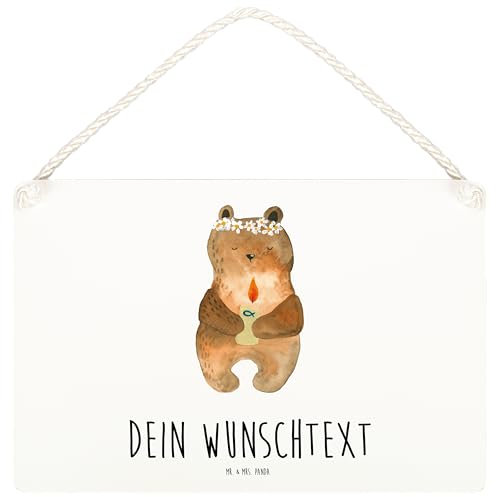 Mr. & Mrs. Panda Schild personalisiert Bär Kommunion DIN A6 - Personalisierte Geschenke, Taufkerze, Gottes Segen, Personalisiertes Holzschild, Türschilder mit Namen, Katholisch, Teddy, Namensschilder