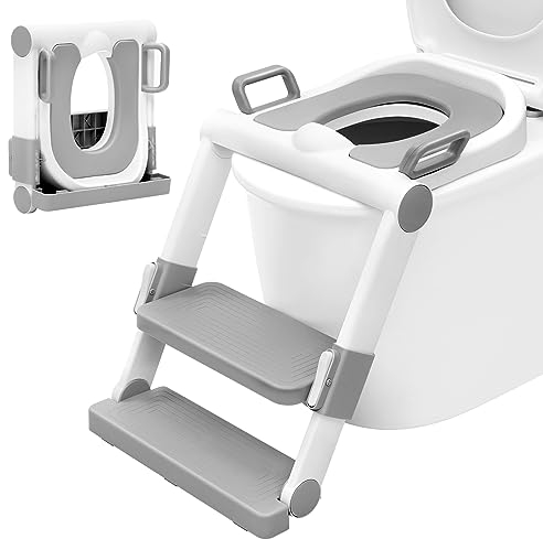 WOLTU Toilettensitz Kinder mit Treppe MONTAGEFREI, Toilettenaufsatz für Kinder, Toilettentrainer klappbar, 2 Stufen höhenverstellbar, mit Griffen Sitzkissen Anti-Rutsch-Pads, Weiß + Grau