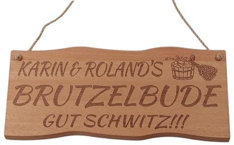Generisch Sauna Schild Holz Buche Massiv 38 x 17 cm Kelo Deko Holzschild (Brutzelbude Wunschnamen)