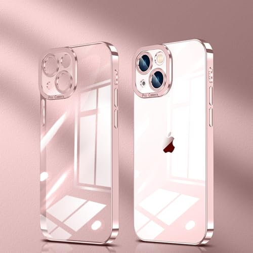 SRGDRR Custodia morbida in silicone per protezione obiettivo fotocamera per iPhone 15 14 13 12 11 Pro Max Custodia trasparente per telefono placcata, per iPhone 13 Mini, rosa