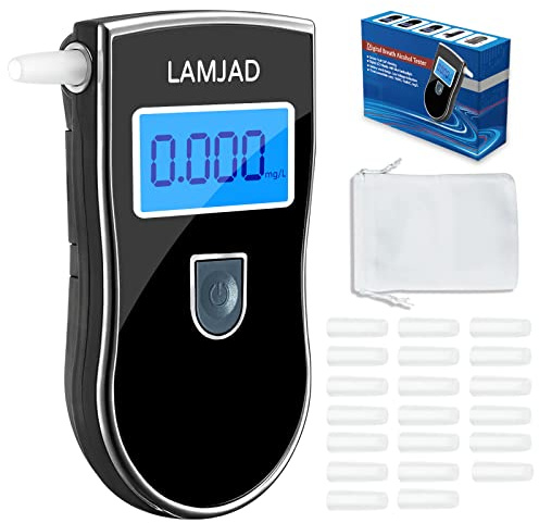 LAMJAD Professioneller Alkoholtester,Tragbarer Atemalkoholtester mit Blauem Hintergrundbeleuchtung LCD-Bildschirm und 20 Mundstücken,Promilletester für Den Persönlichen und Professionellen Gebrauch