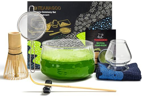 TEANAGOO Matcha Kit (7 pièces) Set de Matcha Fouet à Matcha en Bambou (chasen) Scoop (chashaku) Support de Fouet à Matcha.N29,Verre
