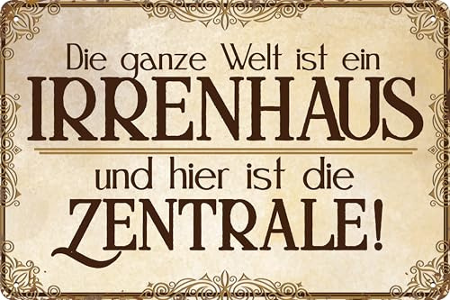 30 x 20 cm Blechschild, lustiger Spruch, Büroschild, Deko Geschenk: Die ganze Welt ist ein Irrenhaus und hier ist die Zentrale!