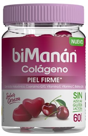 BIMANÁN COLÁGENO - PIEL FIRME Complemento alimenticio con Ácido hialurónico, CoQ10, Vitamina E, Vitamina C, Biotina y Zinc, ayudan a mantener la piel en optimas condiciones, sabor cereza, 60 gummies
