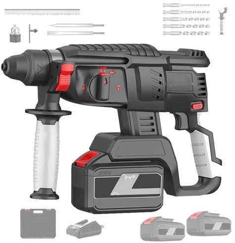 Marteau Électrique À 2 Batteries,Marteau Perforateur 880W,Marteau Burineur Robuste 980Tr/Min Avec Burin Plat,Pince De Perçage,Marteau Électrique À Fonction 4 En 1,7.5AH