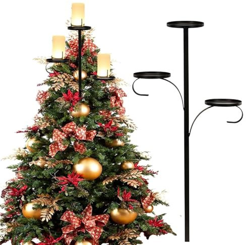 Triple Tree Topper, 90cm Height Tree Topper Candle Holder with 10pcs Fixed Straps, Candelabra Tree Topper for Christmas, 3 Tier Candle Holder Christmas Topper for Outdoor Indoor Decoration