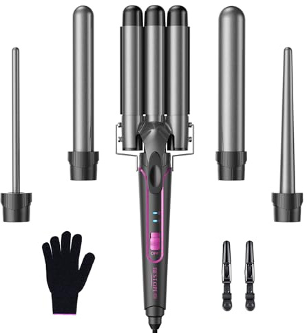 BESTOPE PRO Ferro arricciacapelli 3 fusti di ferro ondulato 5 in 1 - Set di 3 botte per onde grandi, regolazione della temperatura, riscaldamento rapido e guanto, 2 clip, Grigio
