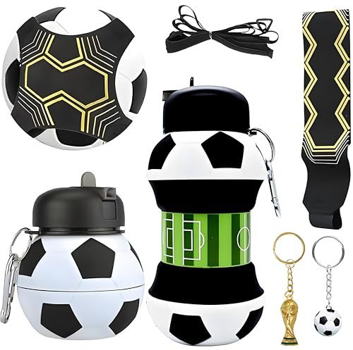 GVMJHYK Borraccia Silicone Pieghevole | Bottiglia Sportiva 550 ml | con 2 Portachiavi Basket e Pallina da Polso | Senza BPA e Anti-perdite (Kit Per Amanti Del Calcio)