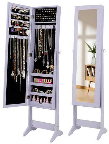 RELAX4LIFE Schmuckschrank drehbar, Schmuckregal mit kippbarem Ganzkörperspiegel, Schmuckaufbewahrung mit Tür & Ständer, Viel Stauraum für Ohrringe & Ringe & Halskette & Kosmetik & Armbänder (Lila)
