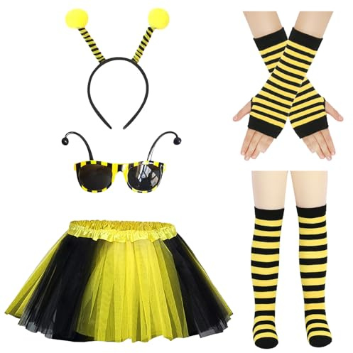 TYXHXTF 7PCS Costume D'Abeille, Déguisement Abeille Enfants, D'abeille pour Adulte avec Bandeau Antenne Abeille Tutu Gants à Rayures Bas Lunettes de Soleil, pour Carnaval Fête Cosplay