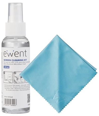 Ewent Kit di Pulizia per Schermi, Smartphone, iPad/Tablet, Occhiali, Lettori eBook, Monitor, Touchscreen e TV, 100 ml Detergente Spray + Panno in Microfibra (20x20cm), Senza Striature e Senza Strisce