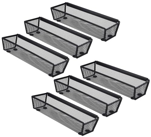 FUNSUEI 6 Stück 22,3x8x5,2cm Besteckkasten für Schubladen Set, Schwarz Metall-Gitterboxen mit Anti-Rutschmatten, Schubladenorganizer für Küche und Büro