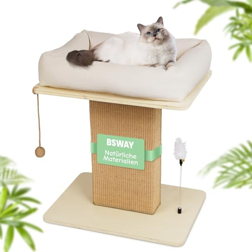 Luxus Kratzbaum mit Katzenbett - EXTRA Breiter Kratzsäule aus Birkenholz | Stabil für bis zu 25kg & Dickes Sisal | Inkl. Großem Katzenbett mit Bio-Leinenkissen | Leicht zu Montieren
