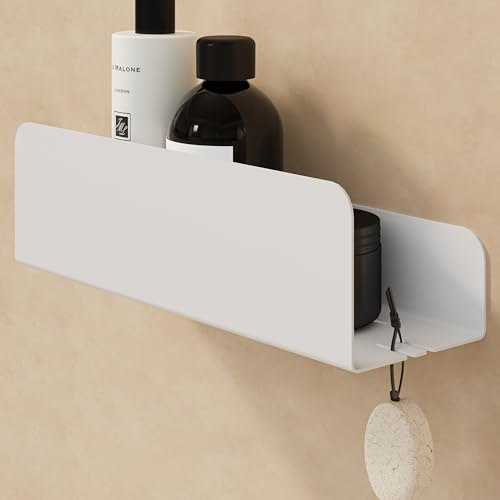 Dolvhin Duschablage ohne Bohren | Edelstahl Duschregal mit Ablaufrillen | Duschkorb zum Kleben | Badregal Selbstklebend | Badezimmer Wandregal | Shampoo Halterung Dusche & 2 Haken | Weiß Matt
