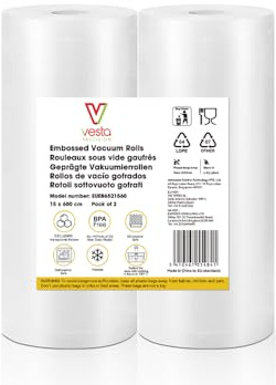 Vesta Precision Rollos de Envasar al Vacío Gofrados para Máquina Envasadora | Libres de BPA, Ahorro de Plástico un 30%, Aptos para Microondas, Congelador y Sous Vide | 2 Rollos de 15cm x 6metros