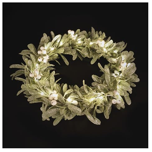 EMOS - LED-Mistelzweigkranz 35cm - Mistel-Kranz mit 25LEDs, Warmweiß - 6/18h Timer, batteriebetrieben (3X AA), 25cm Kabellänge - Lebensdauer 10000 Stunden - für Innenbereich - Grün/Weiß
