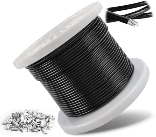 4mm Drahtseil Ummantelt,100m Edelstahl Stahlseil mit Schwarz PVC-Beschichtung und 100 Crimphülsen für Kletterpflanzen, Lichterkette, Gardinen, Zaun, Wäscheleine