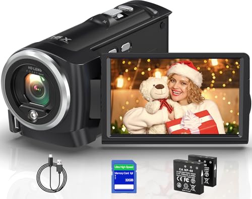Gcasio Videocámara QHD de 2.7 K, cámara de video de 50 MP, cámara de vlogging, cámara web, zoom digital de 16X con tarjeta SD de 32 G, pantalla de rotación de 270 grados, videocámaras y 2 baterías de