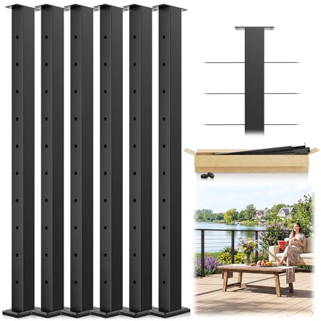 Zylorix 6Pack 36 Swageless Cable Railing Post, Stainless Steel T304 Upgraded Black Coated Surface Mount 35x2x2 Level Drilled Line Post for Cable Railing System Deck Indoor Outdoor Porch Balcony