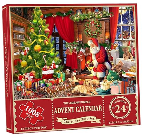 Christmas Decorations, Christmas Advent Calendar, 1008 Pieces Jigsaw Puzzle, 24 Days by The Fireplace Holiday Countdown Calendar, Advent Puzzle for Adult Kids