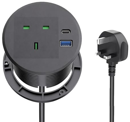 PRITOK 80mm Recessed Power Socket: High Strength Fireproof PC Round Embedded Desk Socket with 1 UK Plug, 2 USB Ports, Multi-Functional Desk Power Grommet for Office and Home Workstation (1.5m Cable)