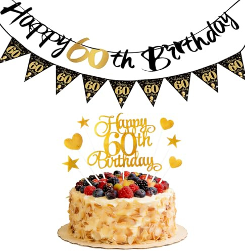 Happy 60th Birthday Cake Decorations Set with 1PC Sign, 3PCS Stars and 3PCS Hearts and 1PC 60th birthday banners, 60th Birthday Cake Topper for Milestone Celebrations