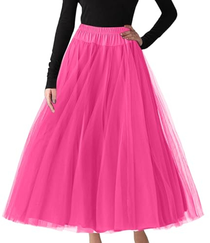 Tüllrock Damen Karneval Lang Tüll Mesh Rock A-Linie Elastische A-Linie Faltenrock Sommerrock Mesh Saum Prinzessin Langer Rock Party-Kostüm für Urlaub, Festival, Aufführungen, 03-Hot Pink, XXL