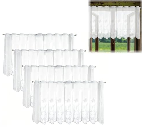 YuLiMirich 4er Scheibengardine, 130x45cm Bistrogardine mit Schmetterlingen und Blumen, Kurzstores Blume Weiß Spitzen Halbtransparent Besticke Scheibengardinen Modern Kurze Halbtransparente Vorhänge