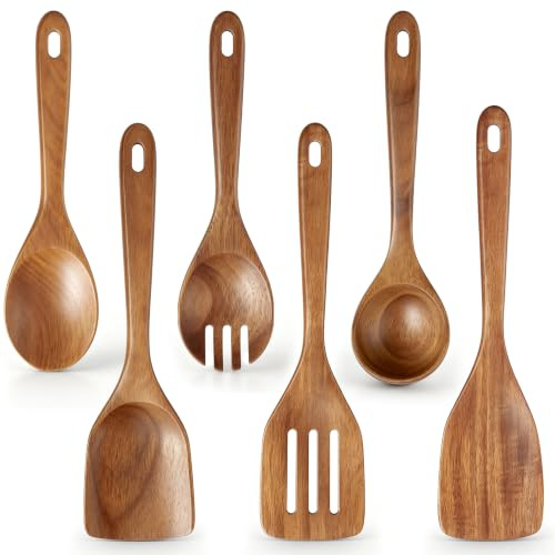 Herogo Wooden Utensils Set, 6 Piece Kitchen Utensils for Non-Stick Cookware | Wood Cooking Utensil Include Spatula Spoon Turner Ladle for Cooking, Non-Toxc & Non-Scratch, Easy to Clean