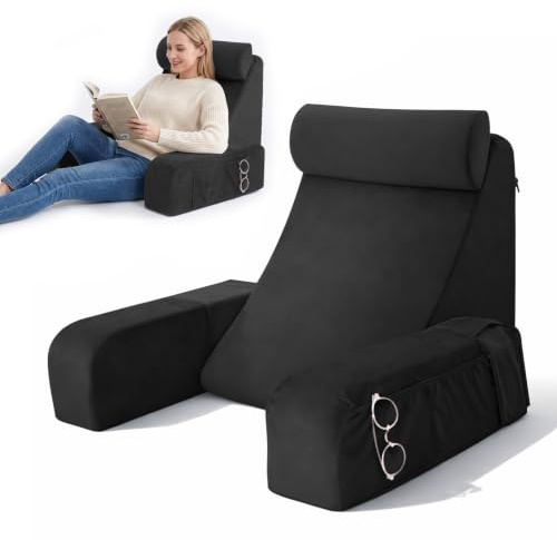 BOFITENG Rückenkissen für Bett und Sofa, Lesekissen mit abnehmbaren Armlehnen und Kopfkiseen, Ergonomisches Rückenkissen Rückenlehne Kopfkissen, Keilkissen zum Lesen, Arbeiten, Fernsehen (Schwarz)