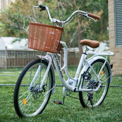 KernGut Women City Bike 24/26Zoll mit Korb,7-Gang Damenfahrad mit Tassenhalter und Reflektoren,Doppelscheibenbremse,Gepäckträger,Verstellbaren Armlehnen und Sitz,Komfort Vintage Fahrra
