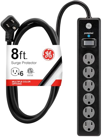 GE Surge Protector Power Strip, 8 Ft Extension Cord, 6 Outlet Extender, 1300 Joules, Flat Plug, Twist-to-Close Safety Covers, ETL Listed, Black, 33662