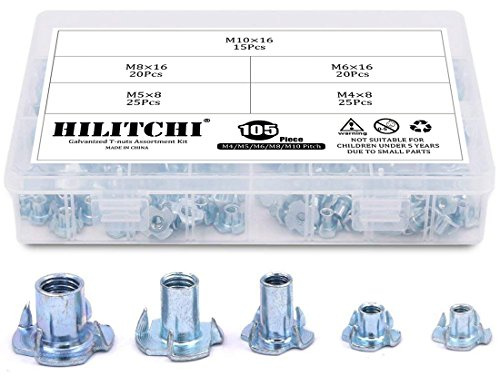 Hilitchi 105-Pcs M4 5 6 8 10 Zinc Plated Steel T Nuts Four Claw Nuts Assortment Kit for Wood Rock Climbing Holds Cabinetry Furniture