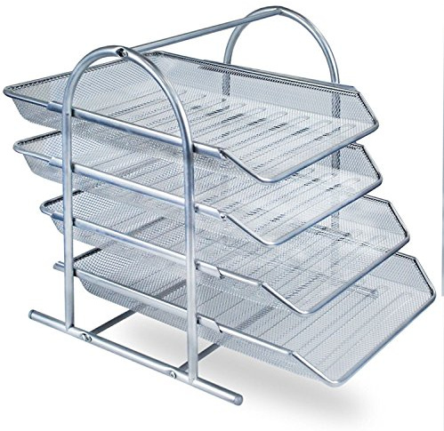 Zuvo 4-stöckiger Schreibtisch-Organizer aus Metall Silber – Stapelbares A4-Ablagefach – Briefablage aus Gitter für Papieraufbewahrung – Elegantes Büro-Accessoire