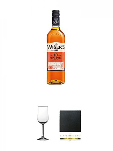 JP Wiser's - 10 - Jahre 40% 0,7 Liter + Whisky Nosing Gläser Kelchglas Bugatti mit Eichstrich 2cl und 4cl 1 Stück + Schiefer Glasuntersetzer eckig ca. 9,5 cm Durchmesser