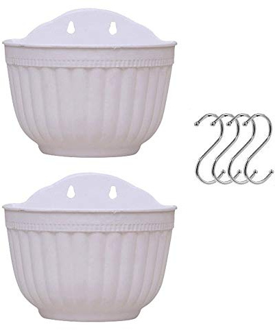 Wankd 2er Set Wandblumentopf - halbrund - Wandampel - Übertopf - Weiss - Draußen & Balkon - with 4 Haken - L 21 x W 12.5 x H 18 cm (Weiß)