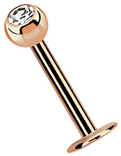 Piercing Labret, Rose Gold, 4 mm Platte in 1,2 mm mit 3 mm Stein-Kugel in klar