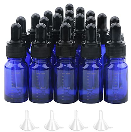Rowiz 20x10 ml blaue Tropfflaschen mit Pipetten, Tropfer und schwarzem Schraubverschluss und Skalenschnur, enthält 4 Trichter, für ätherische Öle, Aromatherapie, leere Kosmetika, Probenfläschchen