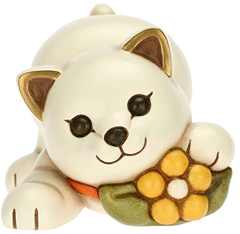 THUN - Soprammobile Gatto con Fiore - Bomboniere, Bomboniere Comunione - Ceramica Decorata - 9,8x7,5x7,2 cm h